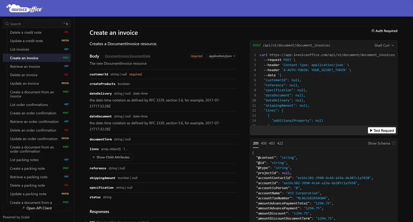 The Invoice Office API documentation open on the Create an invoice endpoint, with the request body fields such as customerId, lines and status, a curl example sending the X-AUTH-TOKEN header, and the sidebar of invoice, order confirmation and packing note endpoints