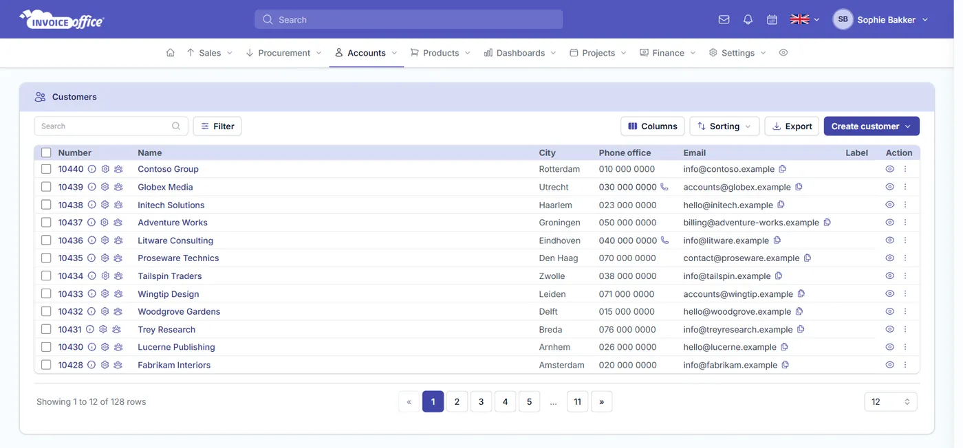 The Invoice Office customer list showing each customer’s number, name, city, phone number and email address, with search, filter, column and export controls