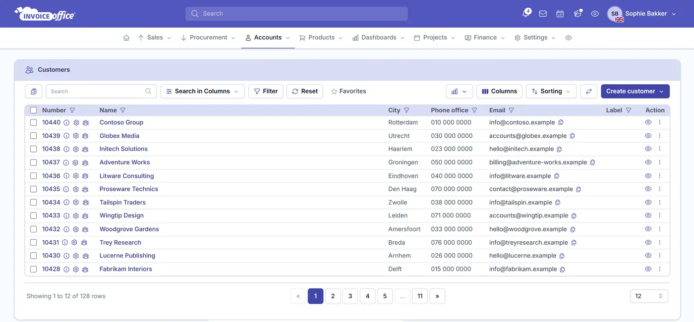 The Invoice Office customer list showing each customer’s number, name, city, phone number and email address, with search, filter, sorting and column controls
