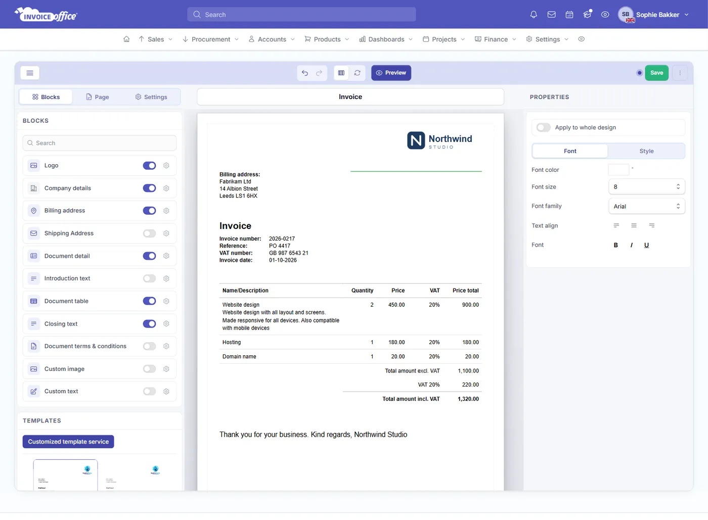 The Invoice Office document design editor: the list of blocks on the left, an invoice for Fabrikam Ltd with the Northwind Studio logo in the middle, and font and style controls on the right