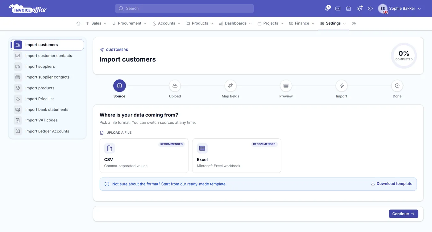 The Invoice Office import wizard for customers, with its Source, Upload, Map fields, Preview, Import and Done steps, a choice of CSV or Excel file and a link to download the ready-made import template, beside the menu of imports for customers, contacts, suppliers, products, price lists, bank statements, VAT codes and ledger accounts