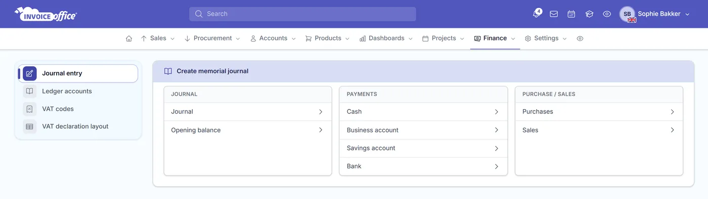 The Invoice Office Journal entry screen: journal and opening balance, a payment entry for cash and each bank account, and the purchase and sales entries