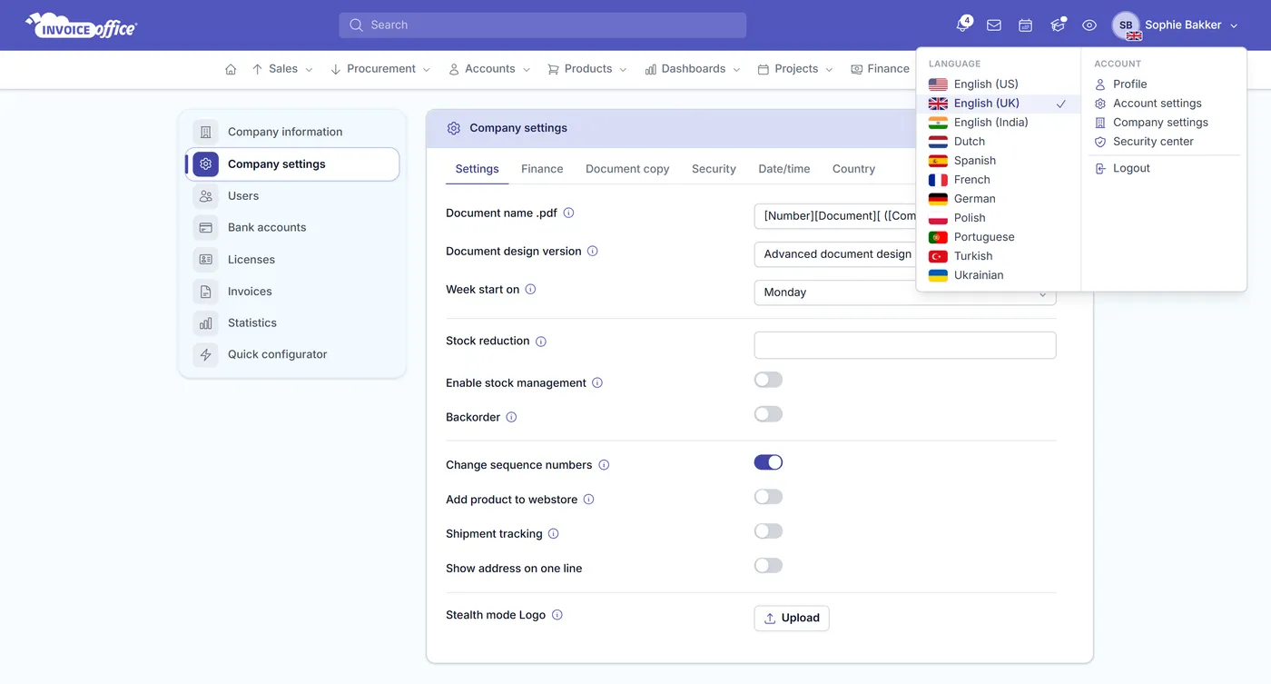 The Invoice Office profile menu open in the app header, its Language column listing English (US), English (UK), English (India), Dutch, Spanish, French, German, Polish, Portuguese, Turkish and Ukrainian with their flags
