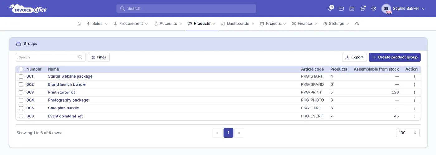The Invoice Office product groups list showing each group’s number, name, article code and how many products it contains