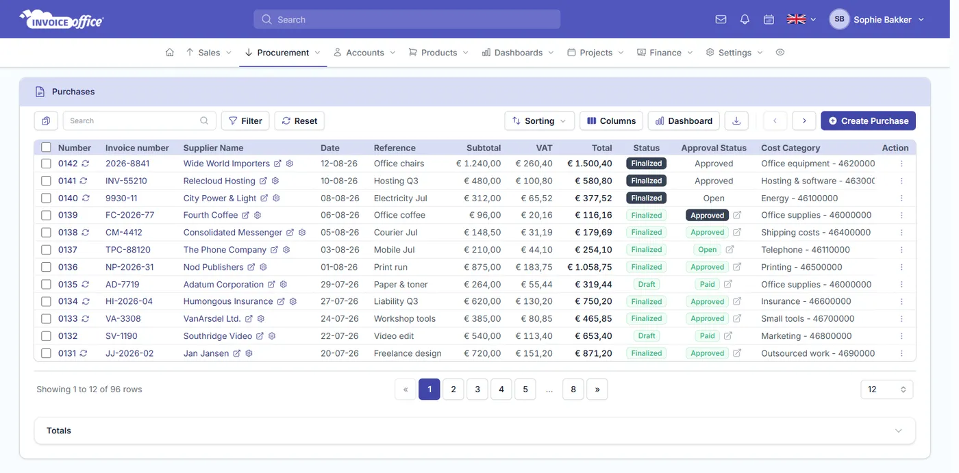The Invoice Office purchases list showing each purchase invoice with its supplier, invoice number, date, reference, subtotal, VAT and total