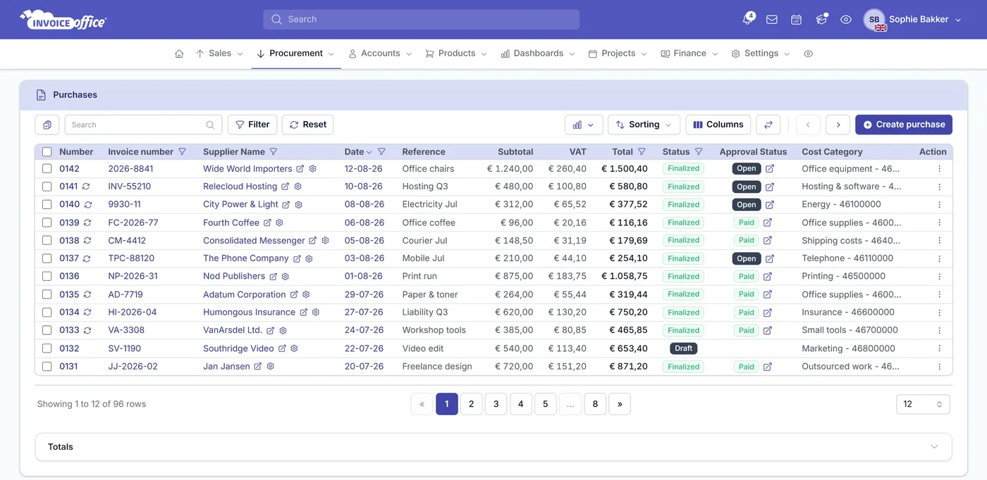 The Invoice Office purchases list showing each purchase invoice with its supplier, invoice number, date, reference, subtotal, VAT and total