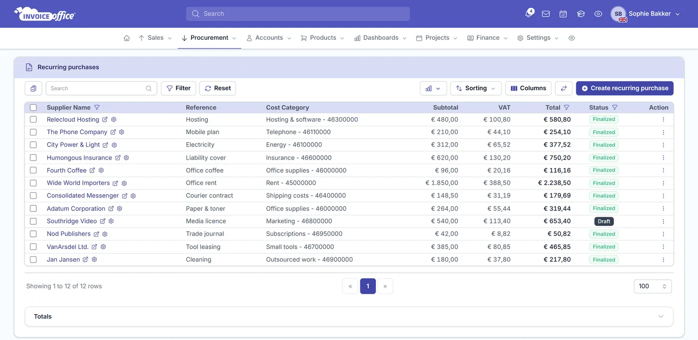 The Invoice Office recurring purchases list showing each repeating supplier cost with its reference, cost category, subtotal, VAT, total and status