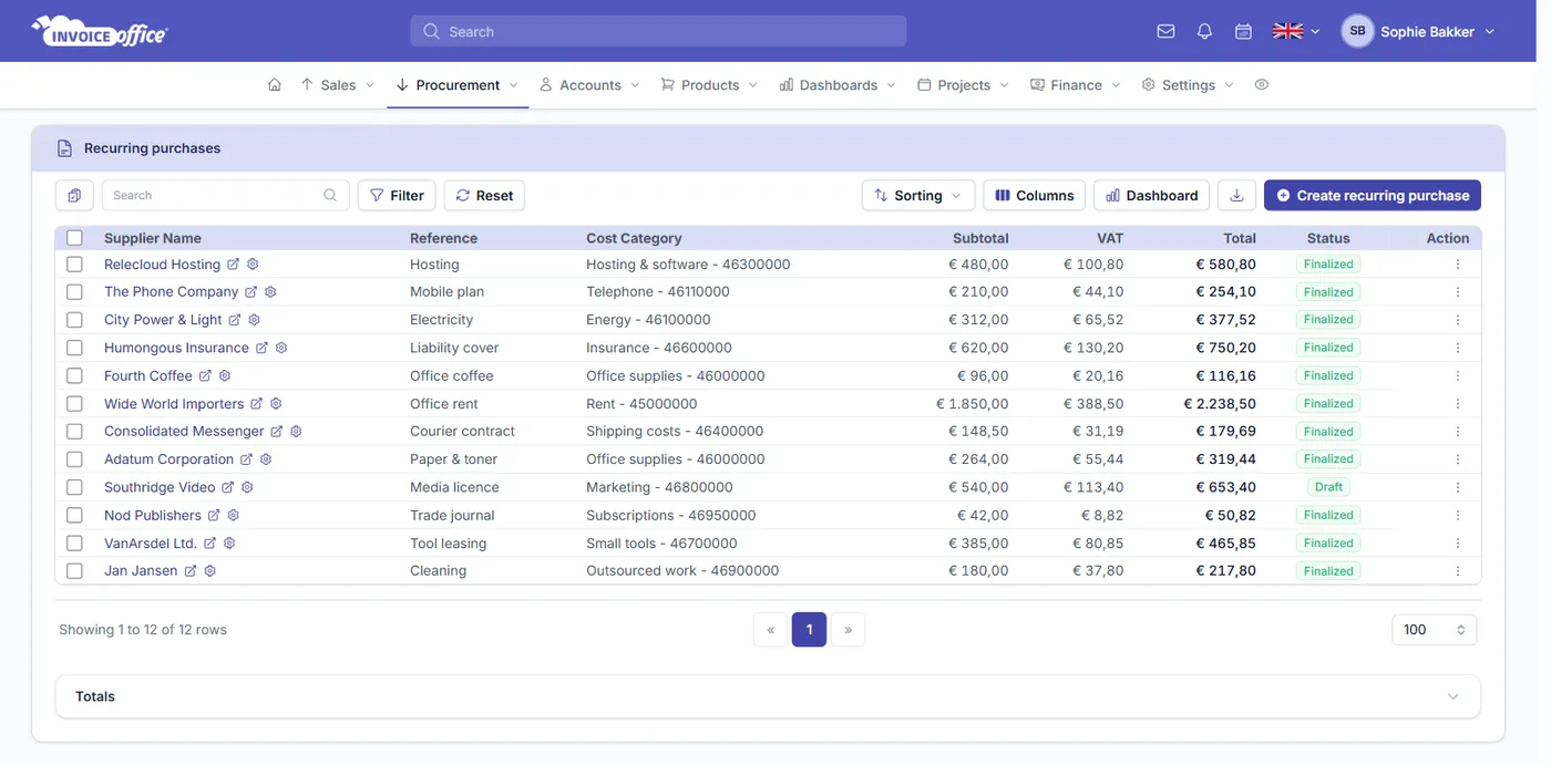 The Invoice Office recurring purchases list showing each repeating supplier cost with its reference, cost category, subtotal, VAT, total and status