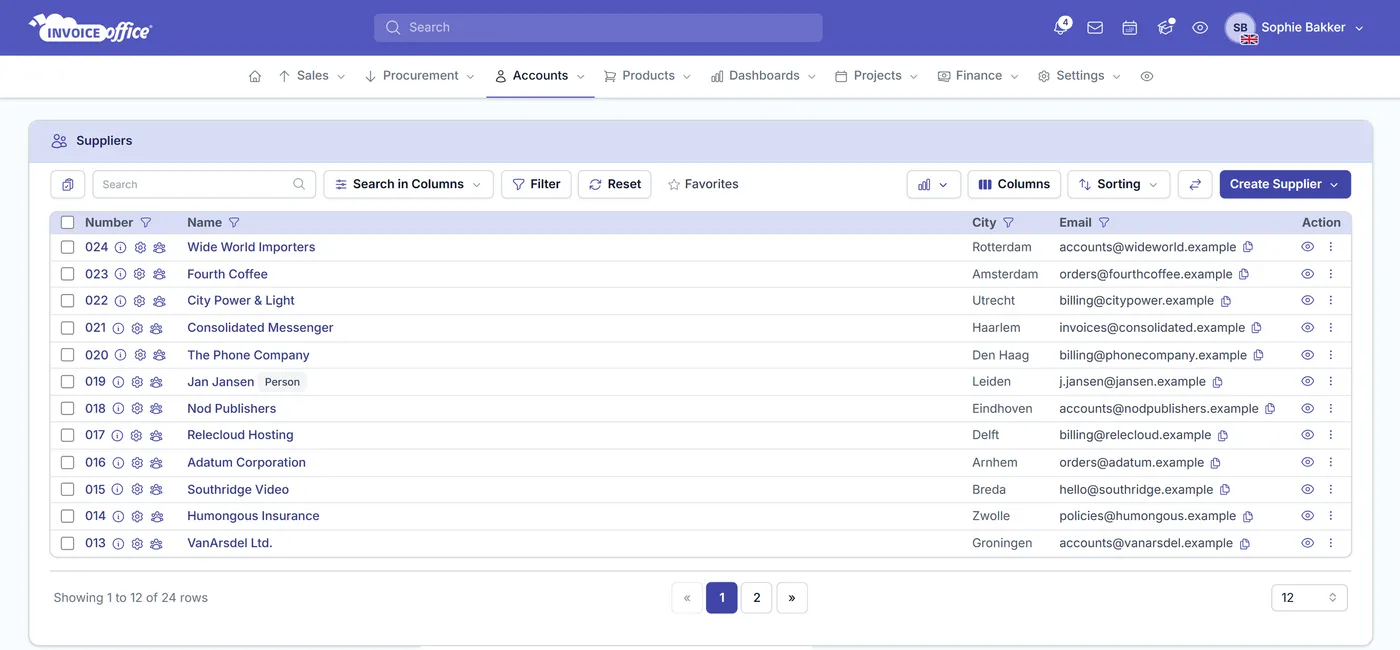 The Invoice Office supplier list showing each supplier’s number, name, city and email address, with search, filter, sorting and column controls
