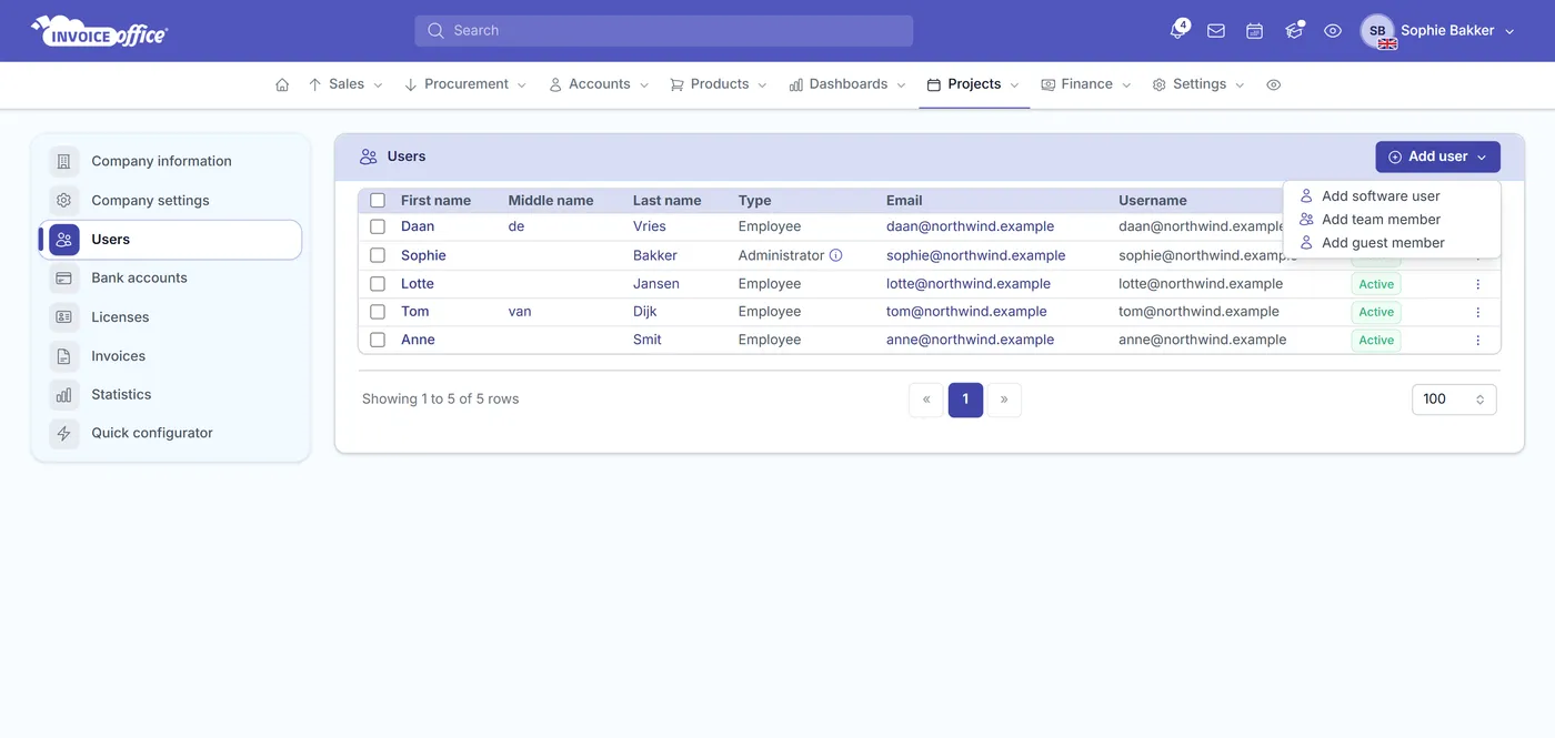 The Invoice Office Users screen listing each user's name, type, email, username and status, with the Add user menu open on Add software user, Add team member and Add guest member