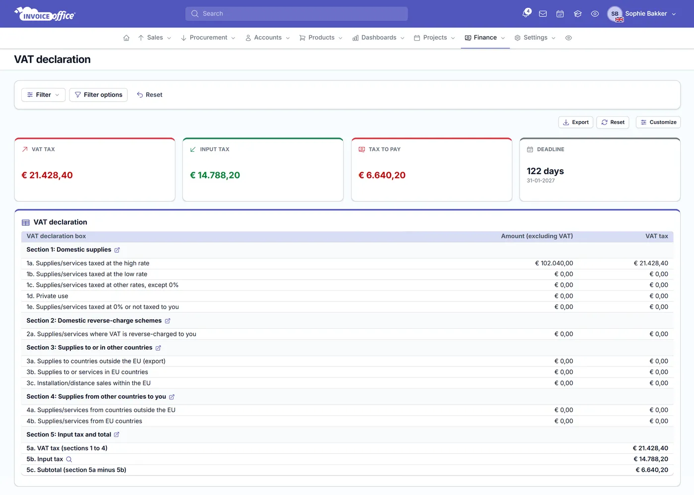 The Invoice Office VAT return: VAT tax, input tax, tax to pay and filing deadline tiles above the declaration, showing each box with its amount excluding VAT and the VAT due, down to the subtotal after input tax