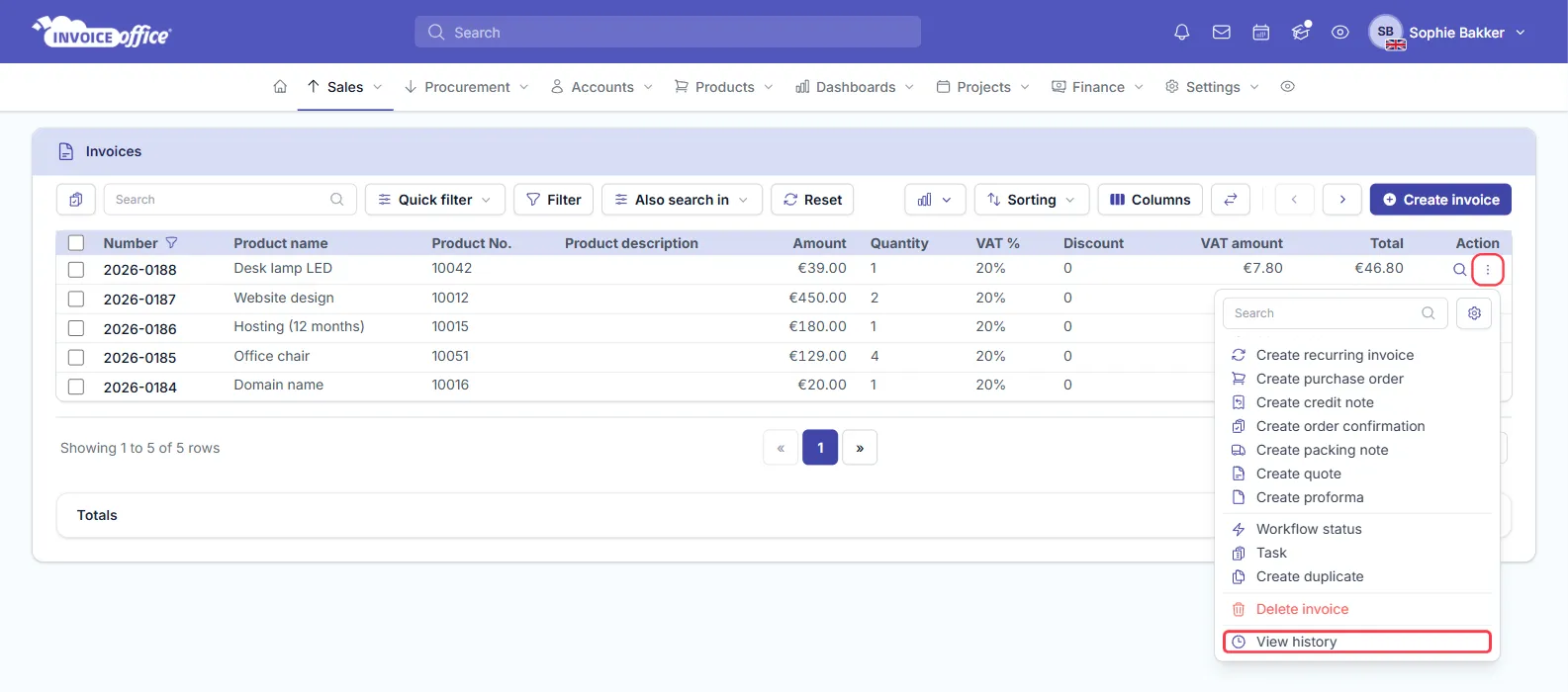 The Invoices list in Invoice Office with the Action menu of invoice 2026-0188 outlined in red and opened, and View history, the last item under Delete invoice, outlined in red