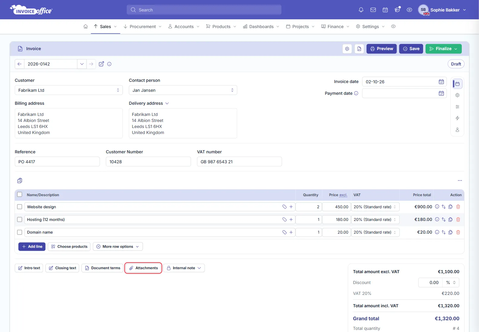 An Invoice Office invoice with the row of buttons under the product table — Intro text, Closing text, Document terms, Attachments and Internal note — with Attachments outlined in red
