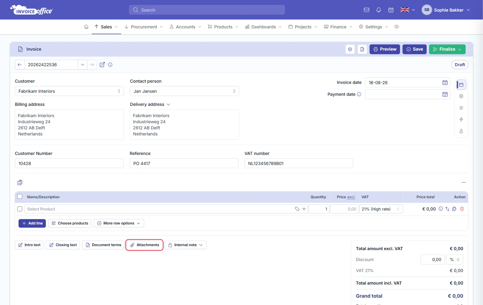 An Invoice Office invoice with the row of buttons under the product table — Intro text, Closing text, Document terms, Attachments and Internal note — with Attachments outlined in red