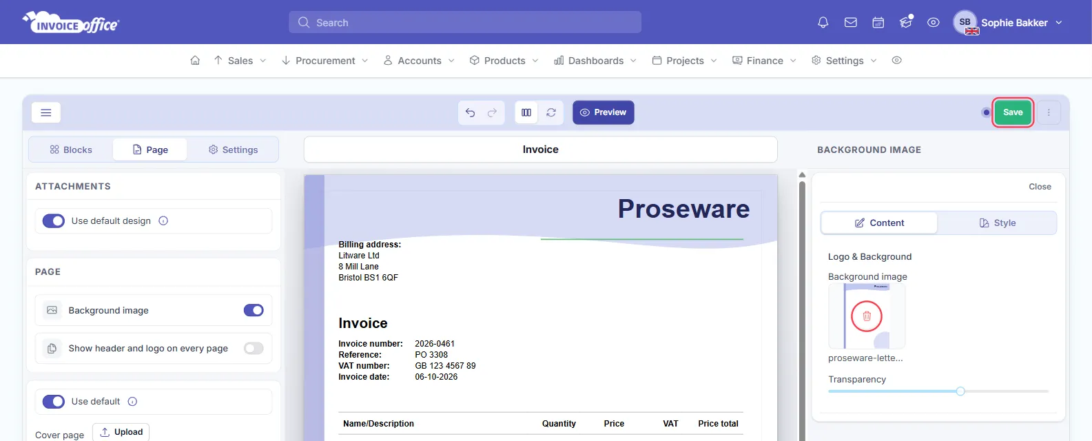 The Background image settings in the Invoice Office design editor with the red Delete button on the proseware-letterhead.png preview outlined in red, and the Save button in the top right outlined in red
