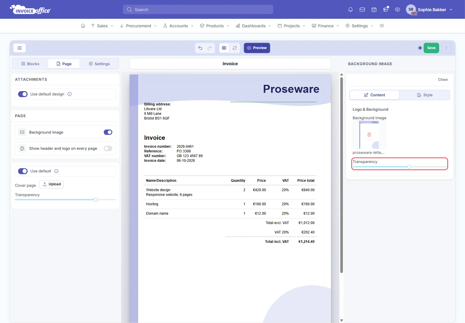 The Invoice Office design editor after a background image was uploaded: a light Proseware letterhead with a band down the left edge and a soft wave at the top shows behind the invoice, the uploader shows a preview named proseware-letterhead.png, and the Transparency slider is outlined in red