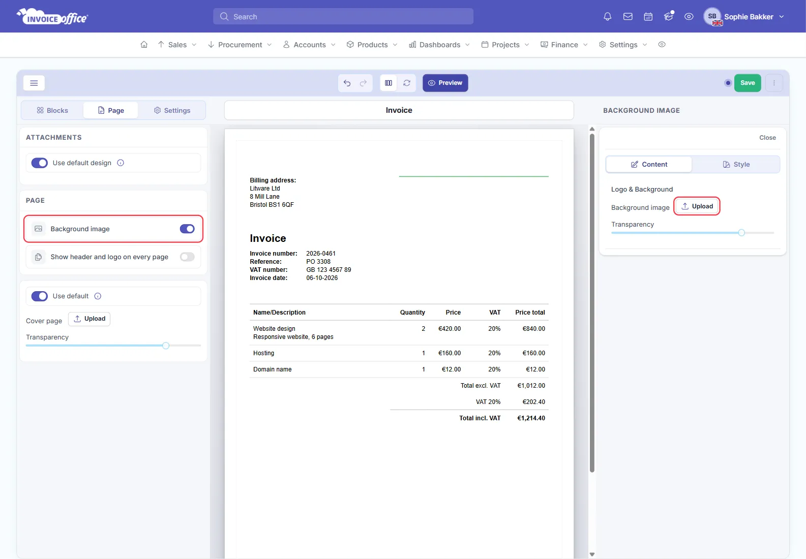 The Invoice design open in the Invoice Office document design editor with the Page tab selected; the Background image row is switched on and the Upload button in the Background image settings on the right is outlined in red, beside an invoice for Litware Ltd