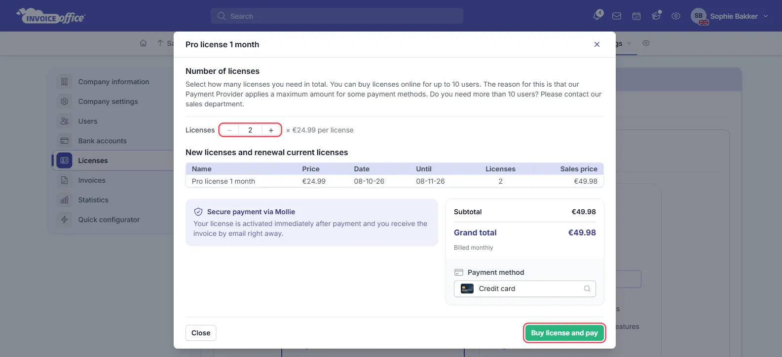 The Pro license purchase window in Invoice Office with Number of licenses set to 2, the new licences line, Subtotal and Grand total, the Payment method and Buy license and pay; the licence stepper and the Buy license and pay button are outlined in red