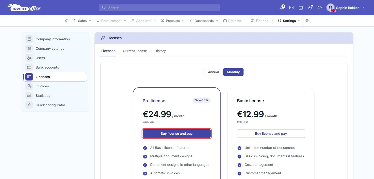 The Licenses page in Invoice Office settings on the Monthly tab with the Pro license and Basic license cards; Buy license and pay on the Pro license is outlined in red