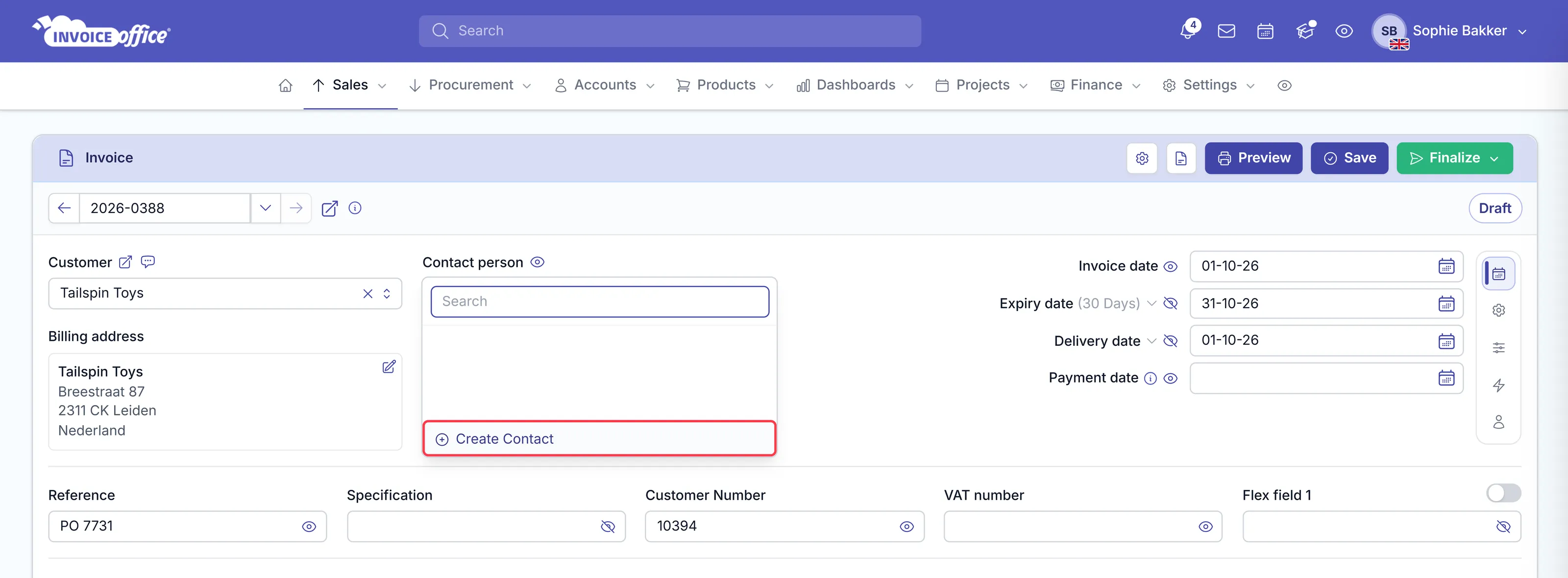 An Invoice Office invoice for Tailspin Toys with the Contact person panel open, showing a search box and a Create Contact option; Create Contact is outlined in red