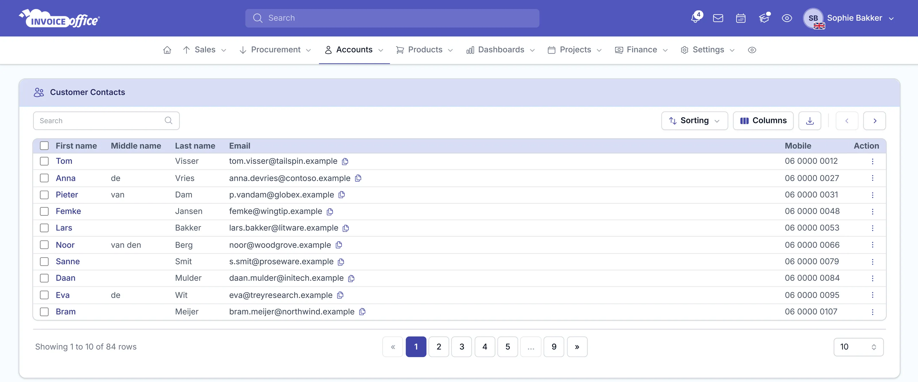 The Invoice Office Customer Contacts list showing first name, middle name, last name, email and mobile columns for ten contacts