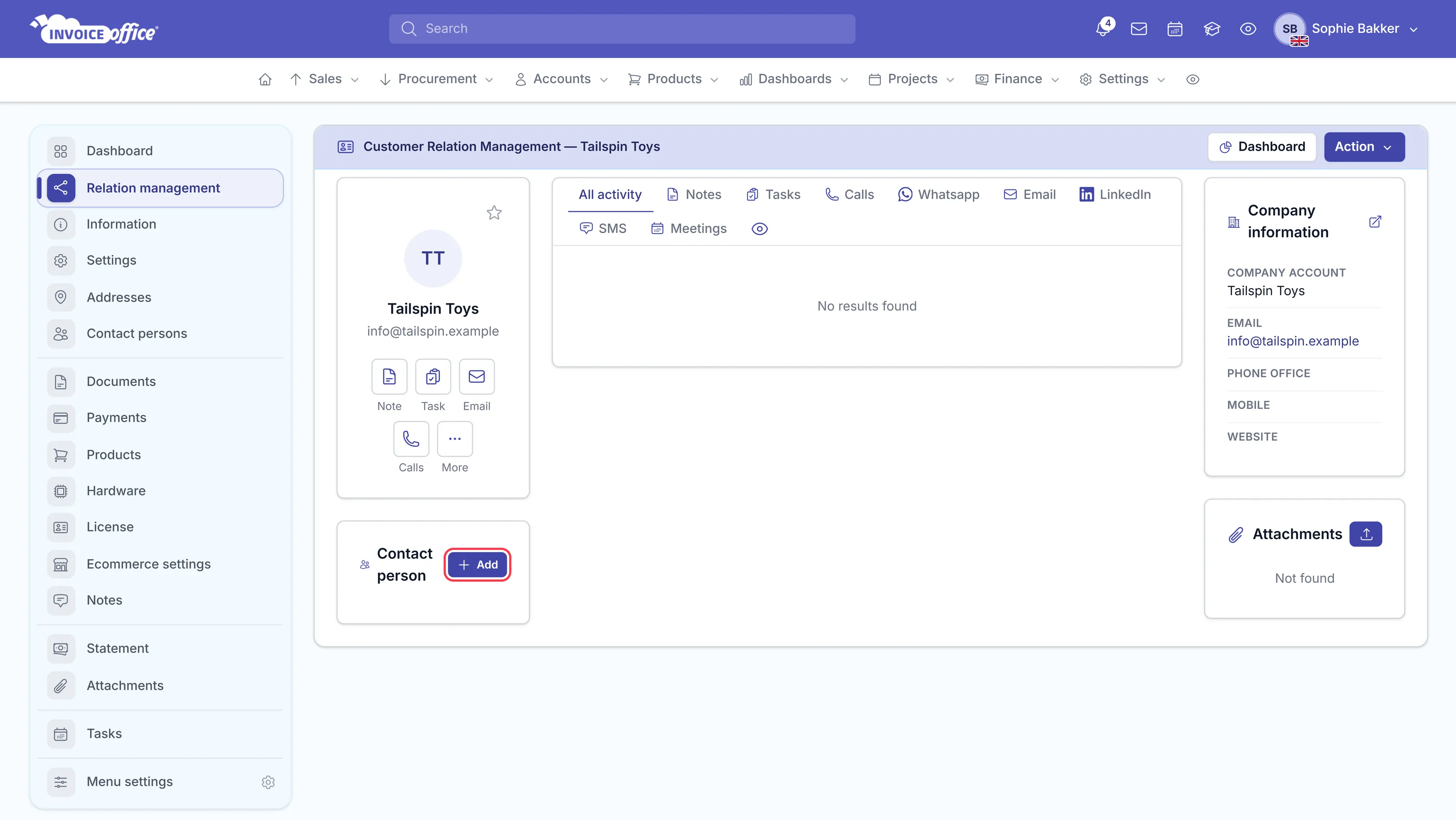 The Invoice Office customer relation management page for Tailspin Toys, with an activity timeline, a Company information panel and a Contact person panel whose Add button is outlined in red
