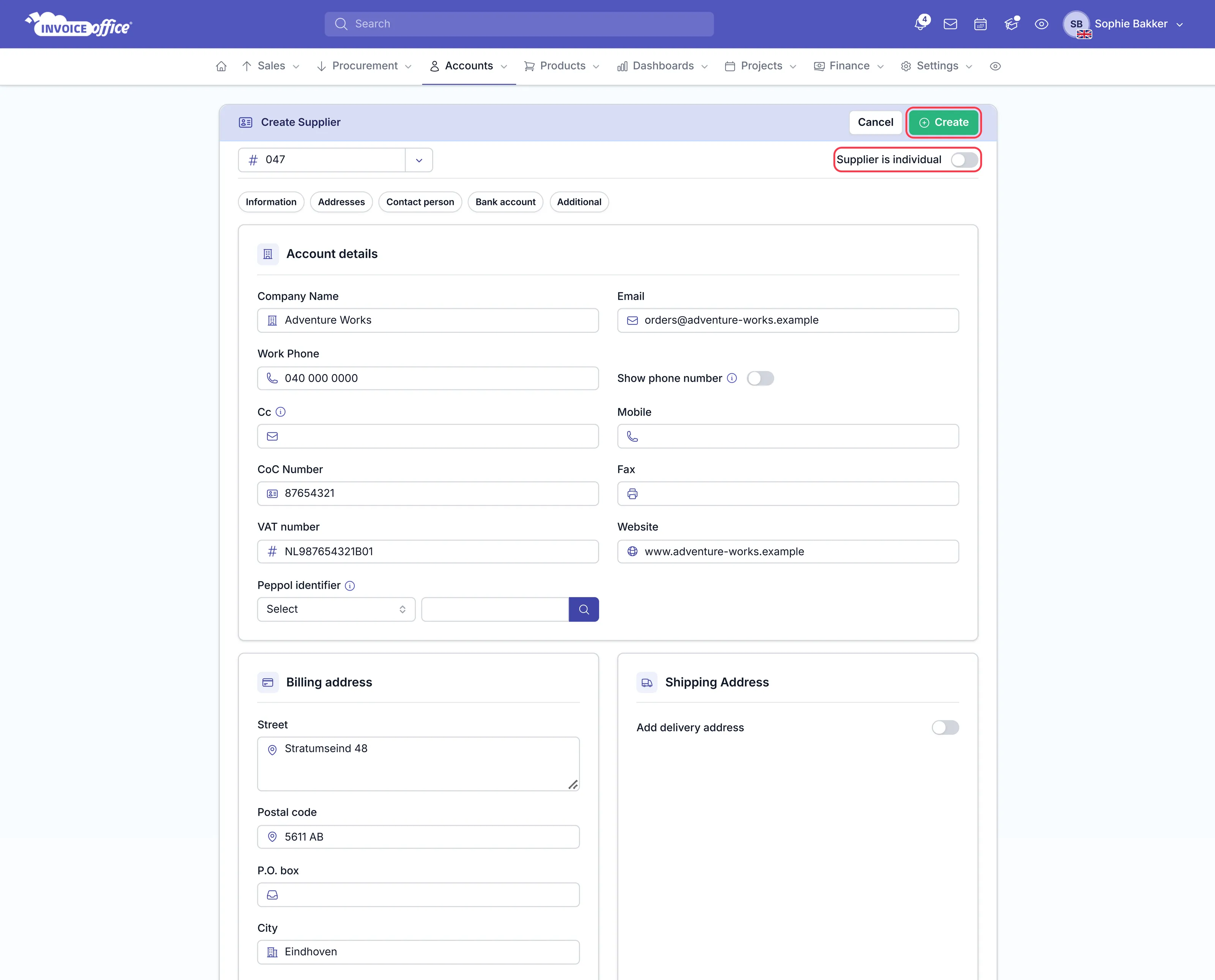 The Invoice Office create supplier form with Account details filled in for Adventure Works and a billing address in Eindhoven; the Supplier is individual toggle and the Create button are outlined in red