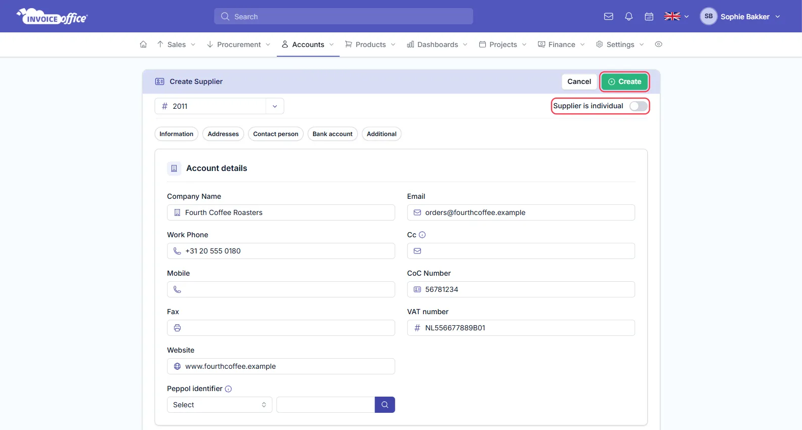 The Invoice Office create supplier form with Account details filled in for Fourth Coffee Roasters; the Supplier is individual toggle and the Create button are outlined in red