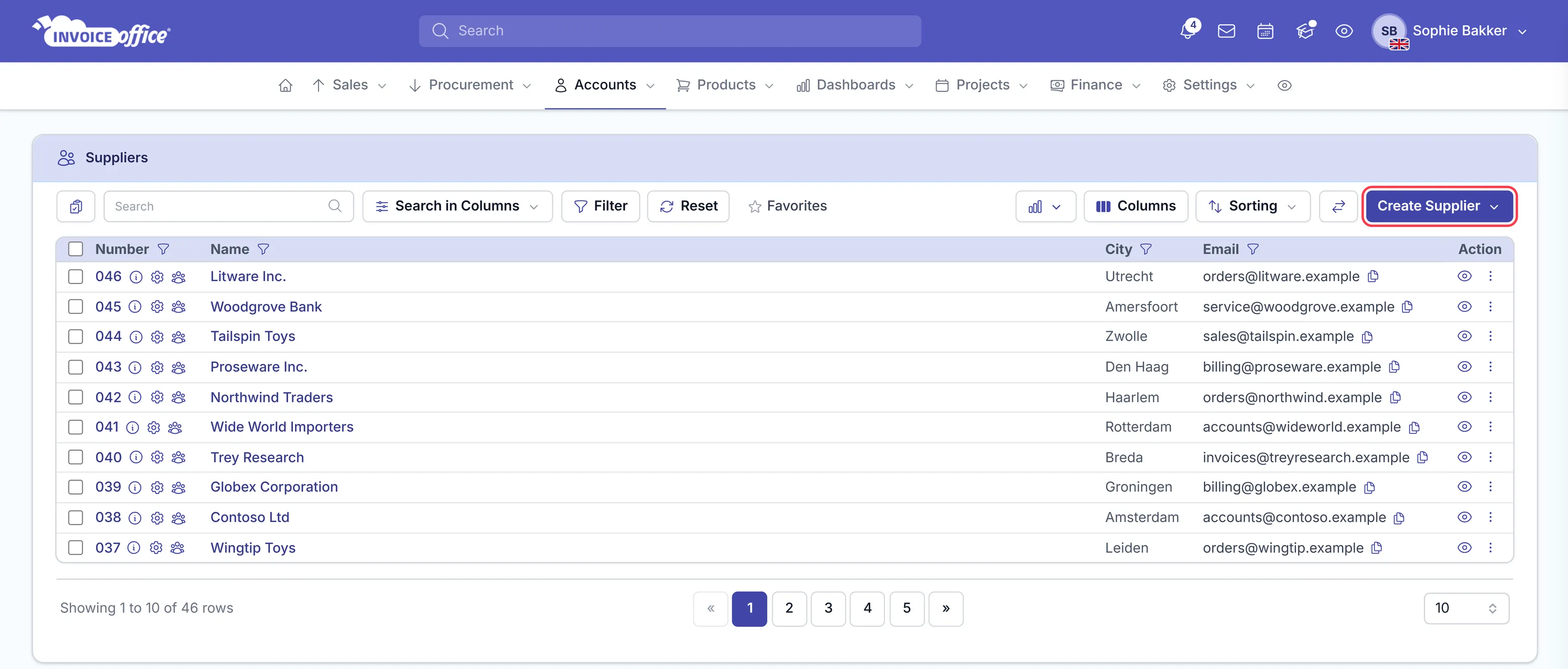 The Invoice Office suppliers list showing supplier number, name, city and email columns, with the Create Supplier button in the top right outlined in red