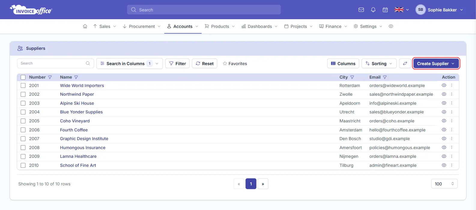 The Invoice Office suppliers list showing supplier number, name, city and email columns, with the Create Supplier button in the top right outlined in red