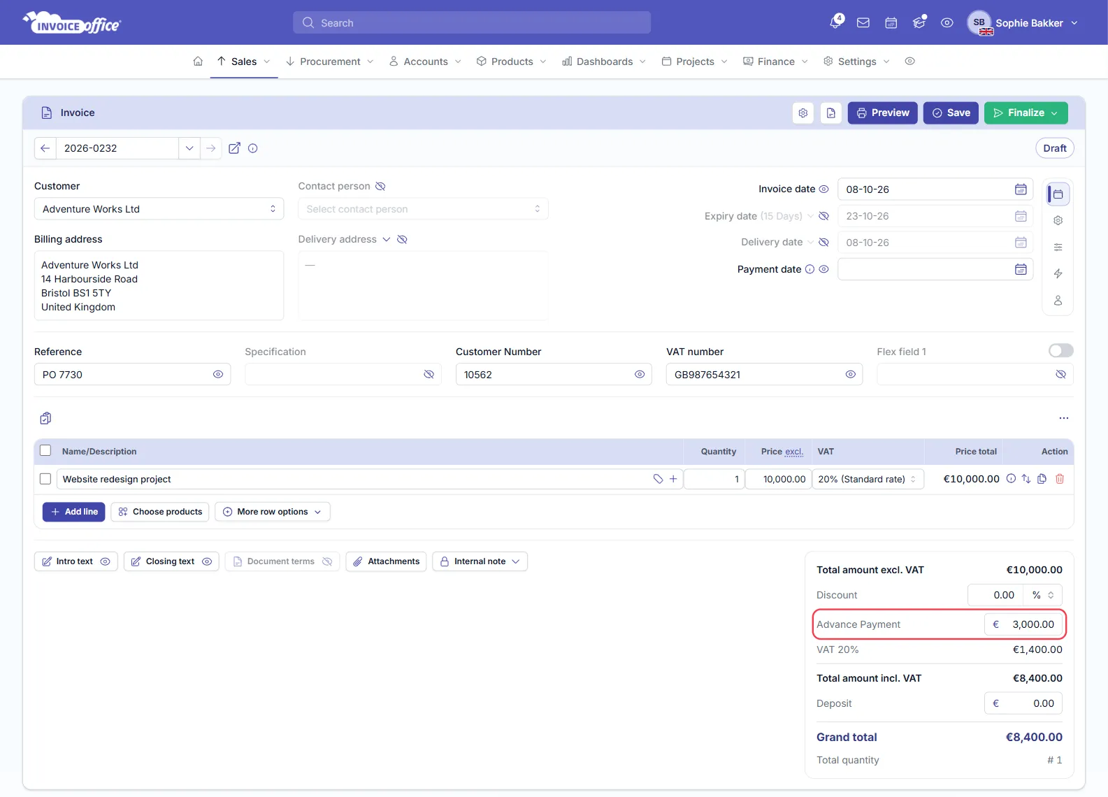 An Invoice Office invoice for a €10,000.00 website project with Advance Payment €3,000.00 outlined in red, VAT 20% €1,400.00 and a grand total of €8,400.00