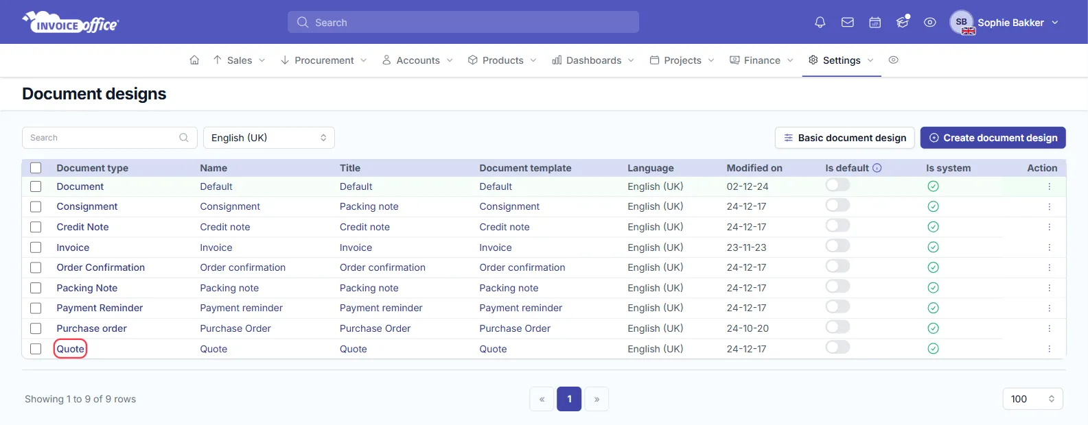 The Document designs list in Invoice Office with one design per document type — Document, Consignment, Credit Note, Invoice, Order Confirmation, Packing Note, Payment Reminder, Purchase order and Quote — with the Quote design outlined in red