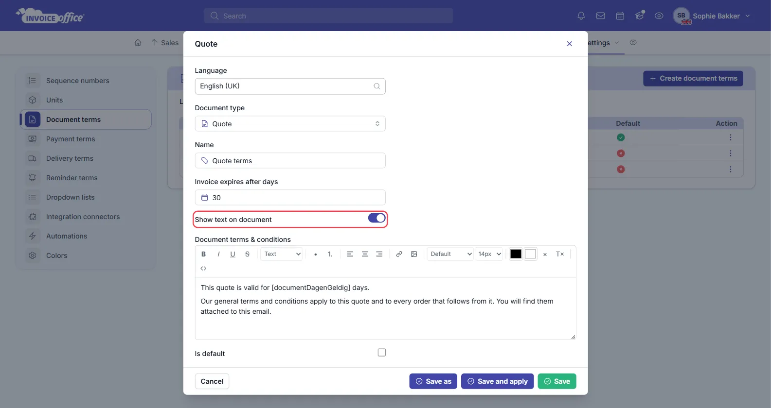 The Document terms window in Invoice Office for a Quote in English (UK), named Quote terms, with Invoice expires after days set to 30 and a short terms text in the Document terms & conditions editor; the Show text on document switch is outlined in red