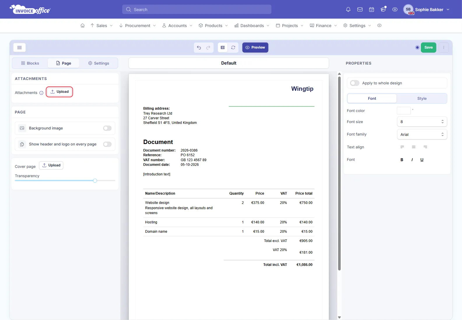 The base Document design open in the Invoice Office basic editor with the Page tab selected; the Attachments section shows an Upload button, outlined in red, above the Page settings, with a document for Trey Research Ltd in the preview