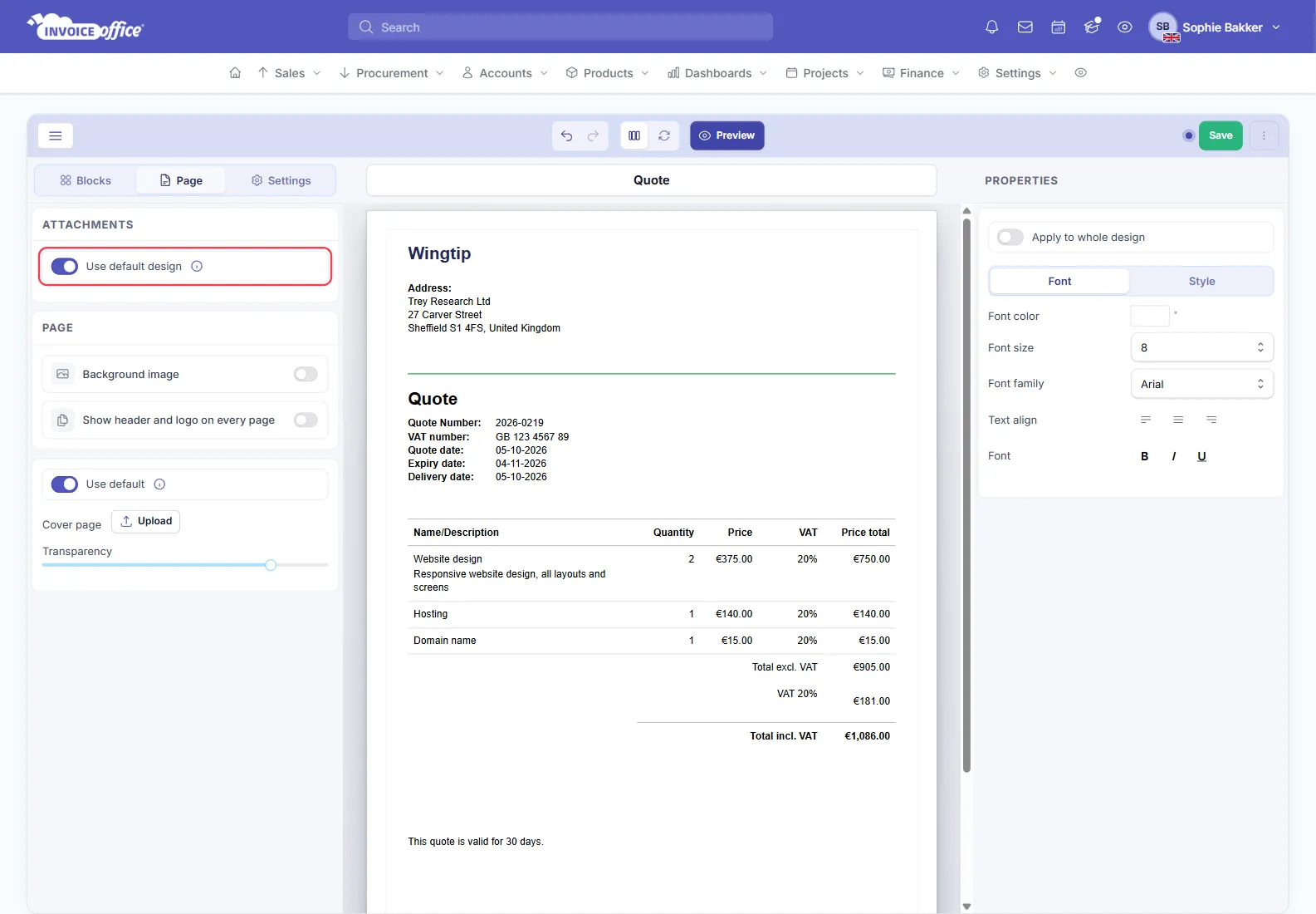 The Quote design in the Invoice Office basic editor with the Page tab open; the Use default design switch under Attachments is on and outlined in red, beside a quote for Trey Research Ltd