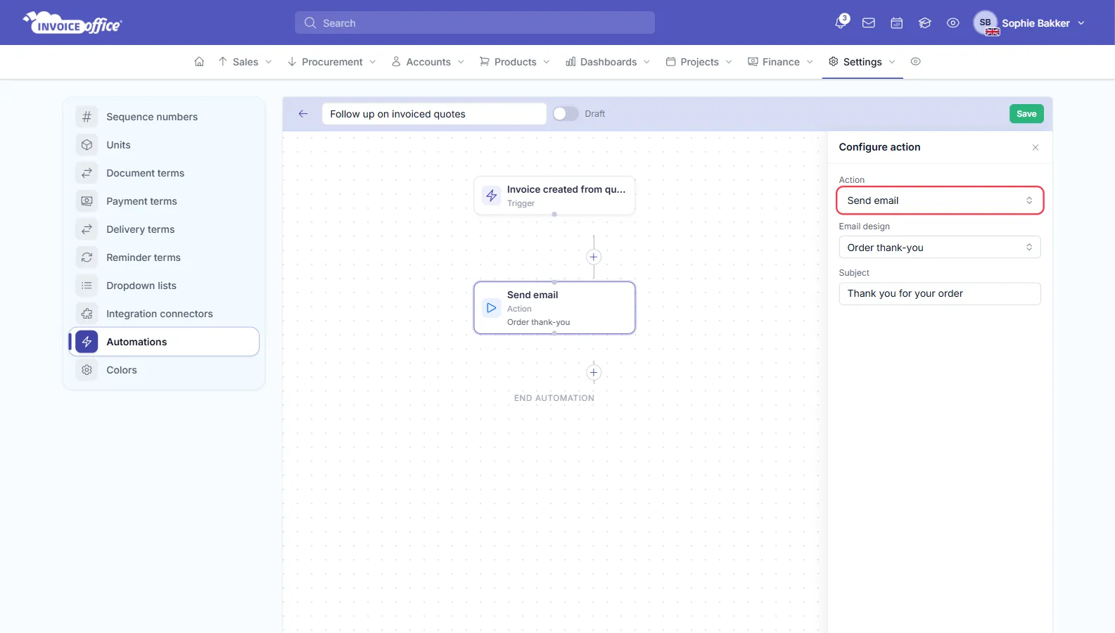A Send email action in the Invoice Office automation editor: the Action field, outlined in red, is set to Send email, with the Email design Order thank-you and the Subject Thank you for your order, and the step shows on the canvas under the trigger