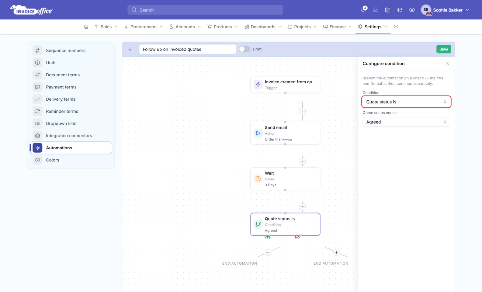 The Invoice Office automation editor with a flow of Invoice created from quote, Send email, Wait 3 Days and the condition Quote status is Agreed, which splits into a Yes and a No path; the Condition field in the panel on the right is outlined in red