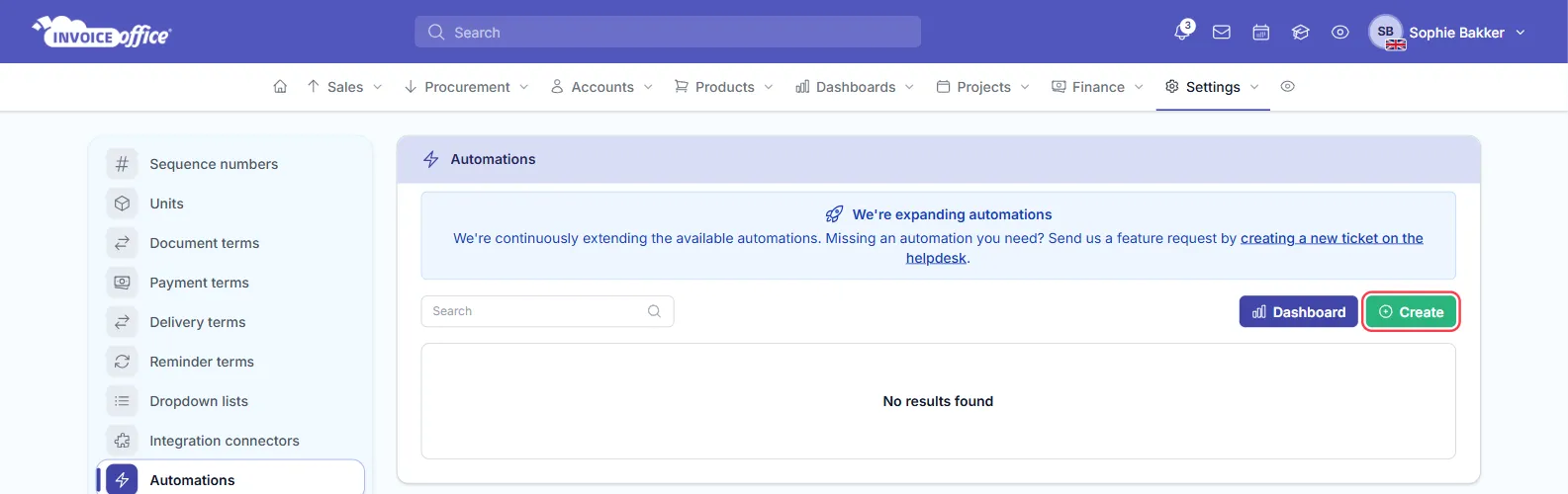 The Automations page in Invoice Office before any automation exists, with a search box, a Dashboard button and the Create button outlined in red