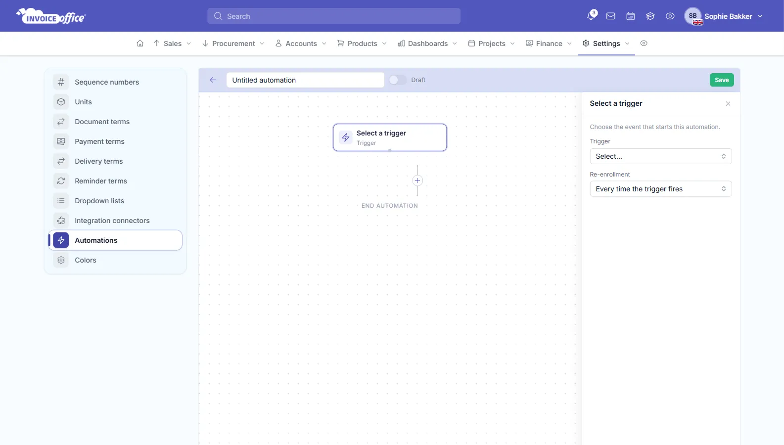 A new automation in the Invoice Office automation editor, named Untitled automation with the status Draft: the canvas shows a Select a trigger card above End automation, and the panel on the right has a Trigger field and a Re-enrollment field
