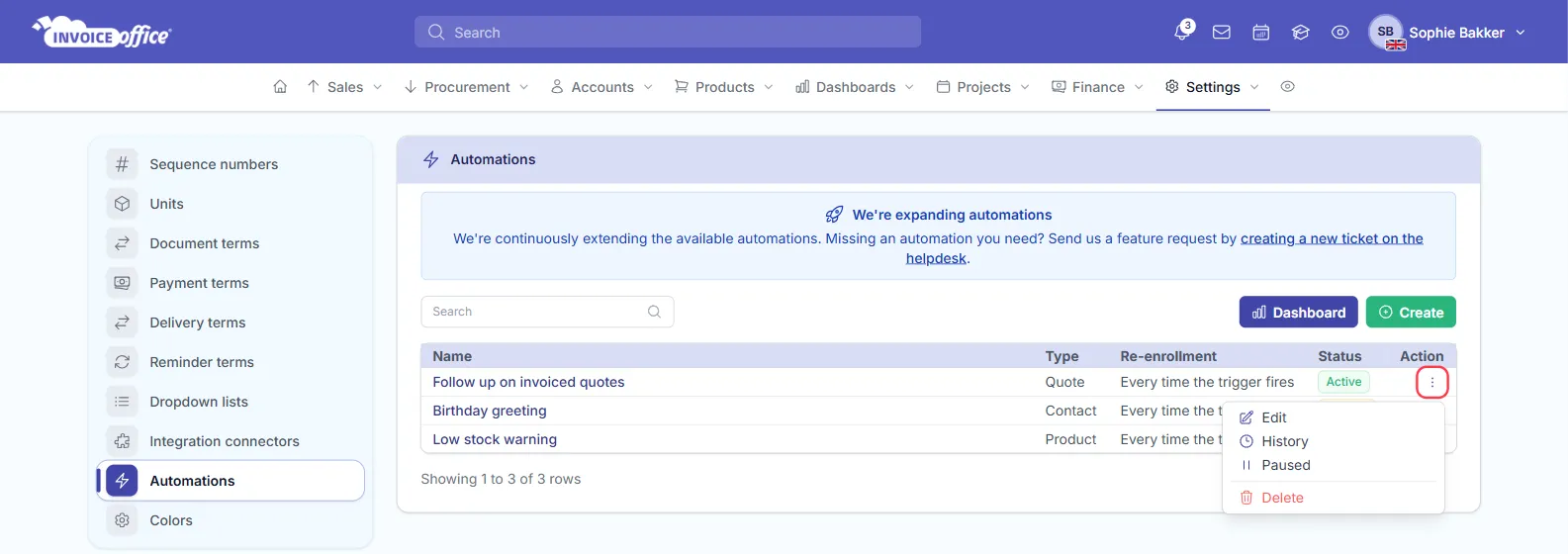 The Automations page in Invoice Office listing three automations with their Type, Re-enrollment and a Status of Active, Paused or Draft; the Action menu of the first one is outlined in red and opened to show Edit, History, Paused and Delete