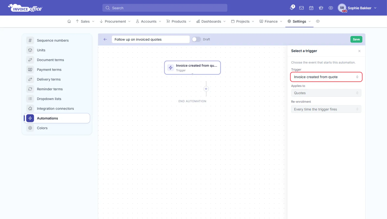 The Invoice Office automation editor with the trigger Invoice created from quote selected in the Trigger field, outlined in red, and Applies to set to Quotes and Re-enrollment set to Every time the trigger fires