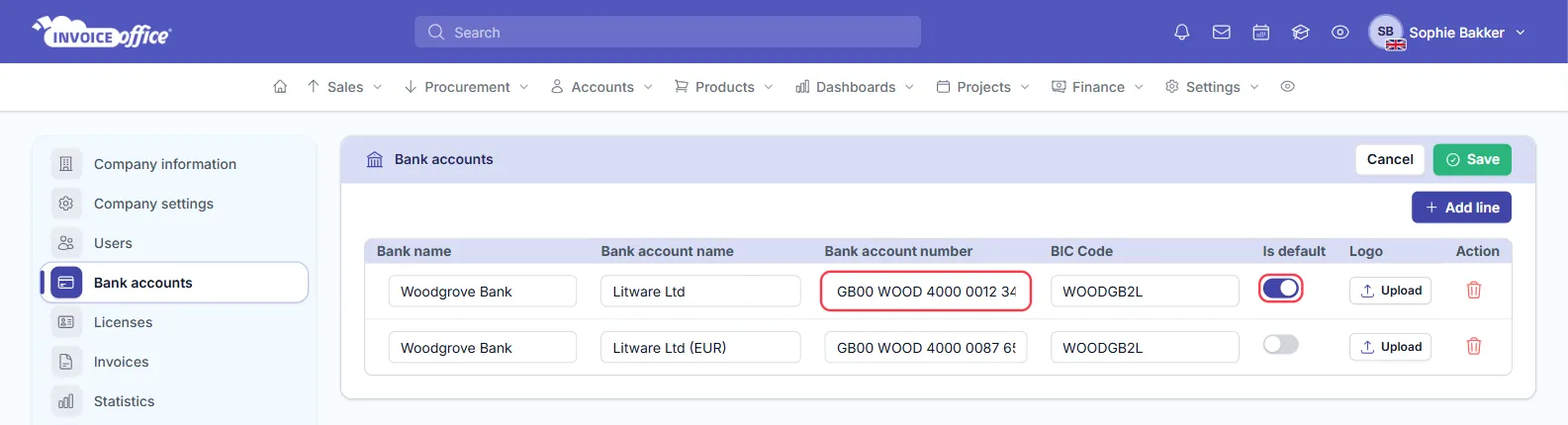 Two Woodgrove Bank accounts for Litware Ltd on the Invoice Office Bank accounts page, with bank account numbers GB00 WOOD 4000 0012 3456 78 and GB00 WOOD 4000 0087 6543 21 and BIC WOODGB2L; the first account's bank account number and its Is default switch are outlined in red