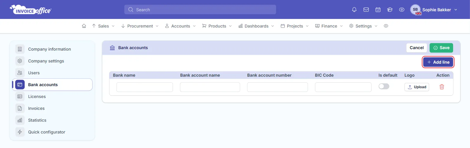 The Bank accounts page in Invoice Office before any account is added, with one empty row under Bank name, Bank account name, Bank account number, BIC Code, Is default and Logo; the Add line button is outlined in red