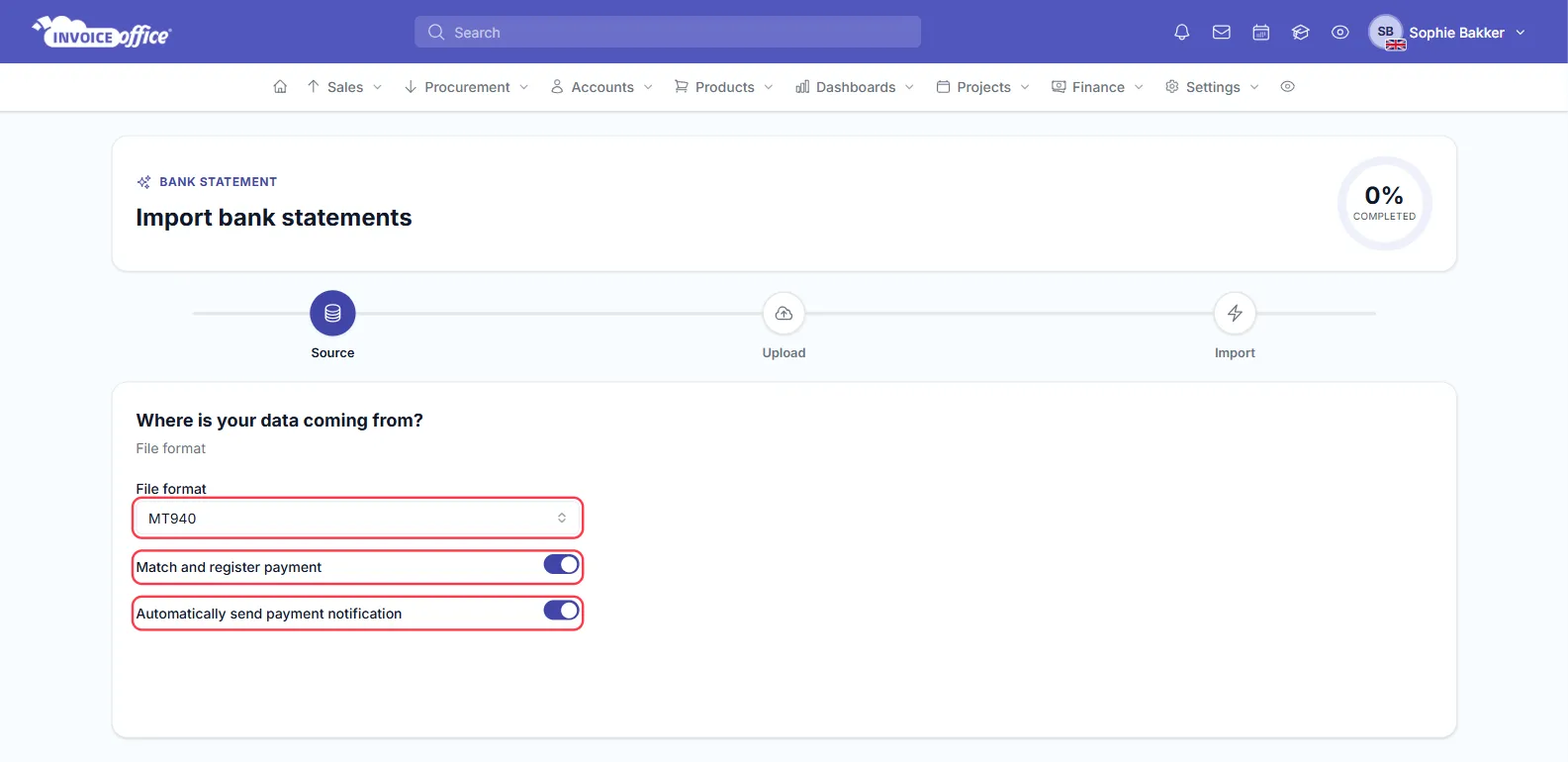 Step Source of the Import bank statements wizard in Invoice Office, with File format set to MT940 and the switches Match and register payment and Automatically send payment notification both on; all three are outlined in red