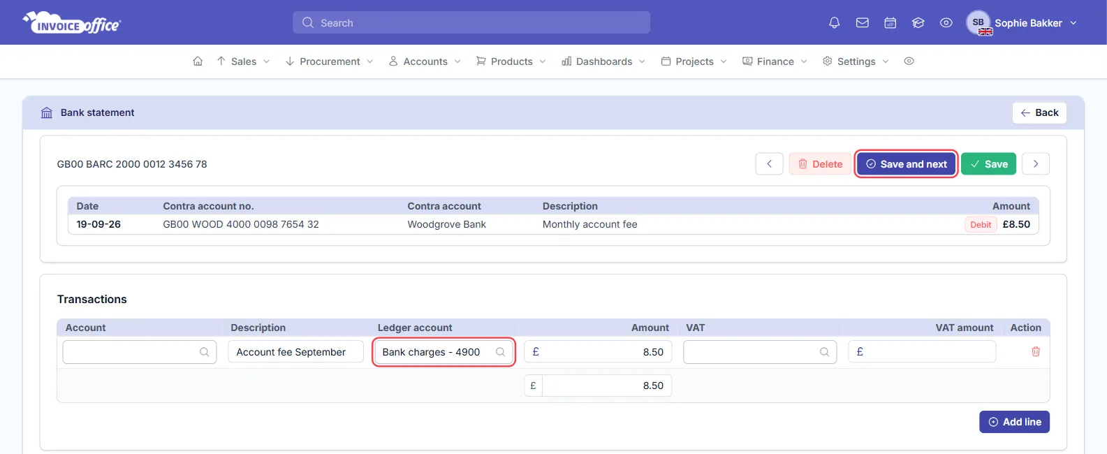 The Register expense page for a £8.50 Woodgrove Bank account fee in Invoice Office, booked under Transactions to ledger account Bank charges - 4900 with description Account fee September; the Ledger account field and Save and next are outlined in red