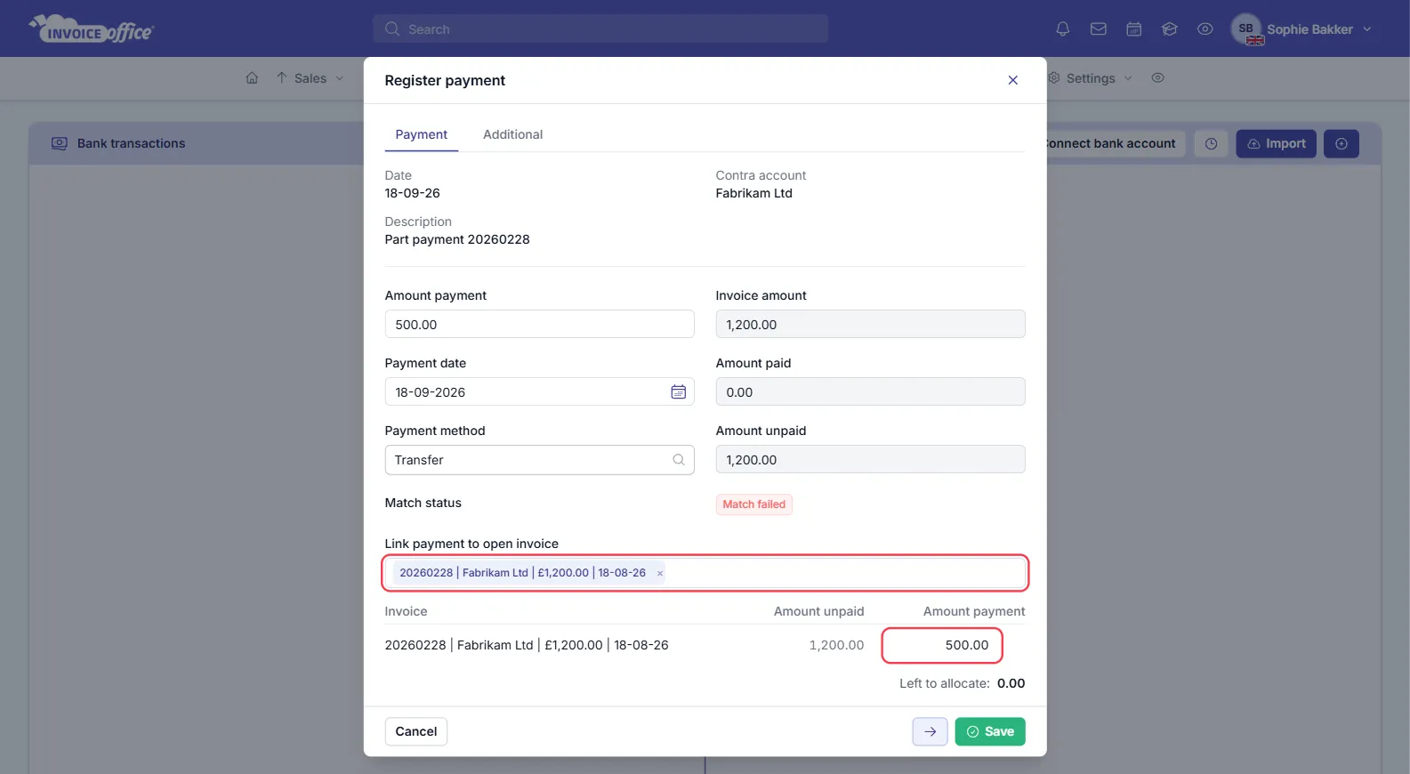 The Register payment window for a £500.00 Fabrikam Ltd bank transaction: invoice 20260228 selected under Link payment to open invoice, 500.00 allocated against its unpaid 1,200.00 and Left to allocate 0.00; the invoice picker and the allocated amount are outlined in red