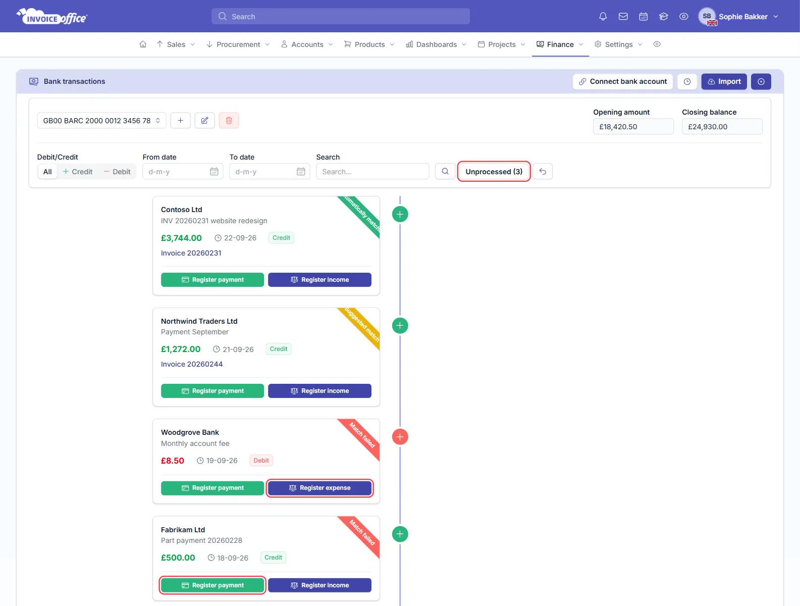 Bank transactions in Invoice Office with Unprocessed (3) outlined in red, and on the transaction cards Register expense outlined for the Woodgrove Bank account fee and Register payment outlined for the £500.00 Fabrikam Ltd part payment