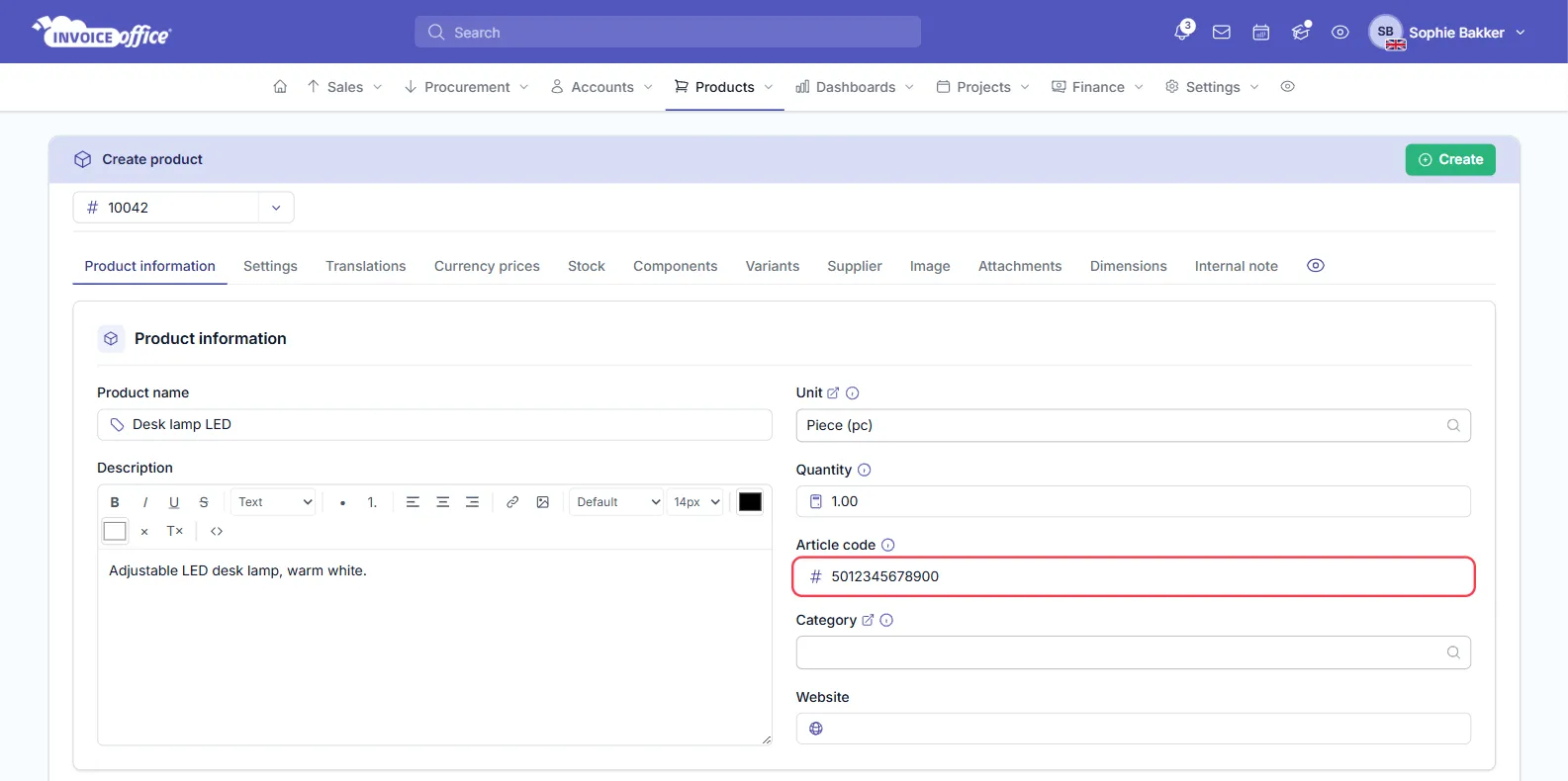 The Product information tab of the Create product page in Invoice Office for the product Desk lamp LED, with the Article code field, outlined in red, filled with the barcode number 5012345678900