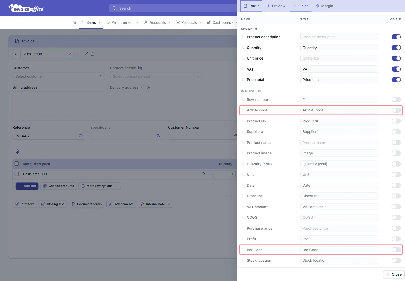 The Fields panel of an Invoice Office invoice opened on the Rows tab, listing the product table columns with a Visible switch each; the Article code and Bar Code rows are outlined in red