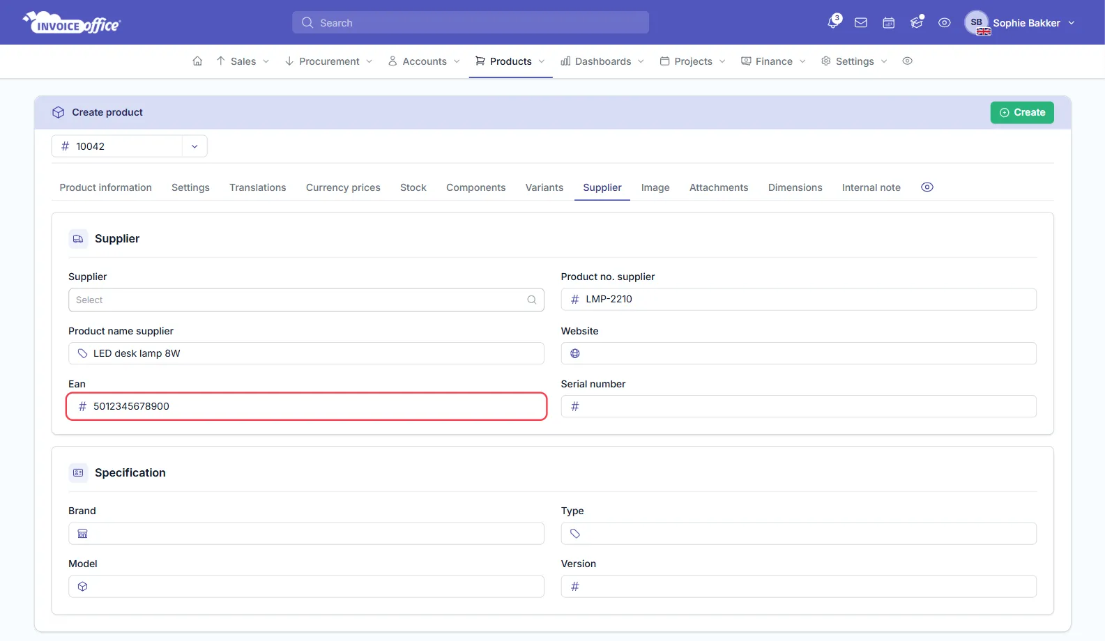 The Supplier tab of the Create product page in Invoice Office, with the Ean field, outlined in red, filled with 5012345678900, next to Product no. supplier and Product name supplier
